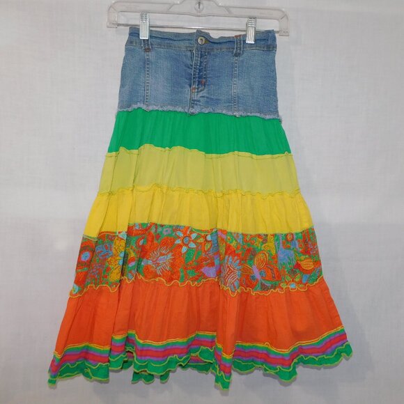 Chidrens Place Girls 8 Denim Multicolor Floral Boho Flowing Skirt - Picture 1 of 11